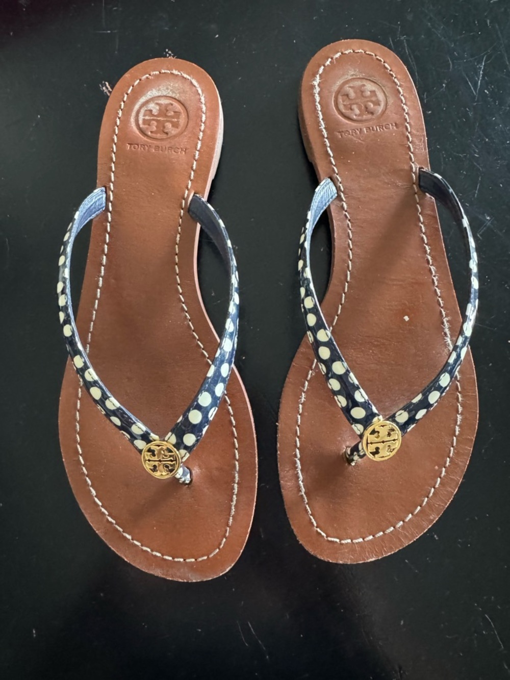 Tory Burch Terra Thong Flip Flops (navy and white polka dot)